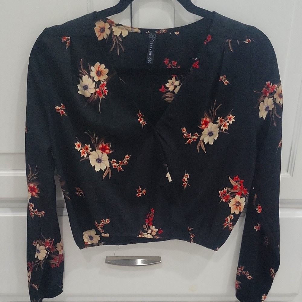 Floral Black Wrap Top